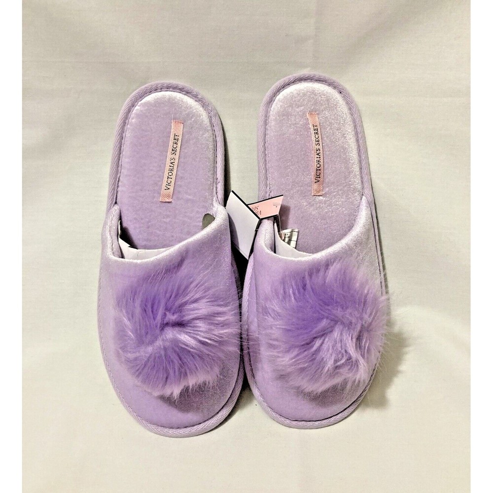 Victoria Secret Womens Fuzzy Pom Pom Slippers Slides Size Large 9-10 Purple NEW
